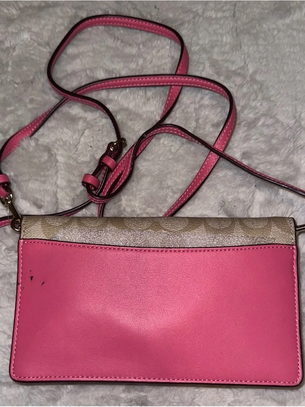 Coach Khaki Signature Canvas Crossbody with Pink Leather Strap